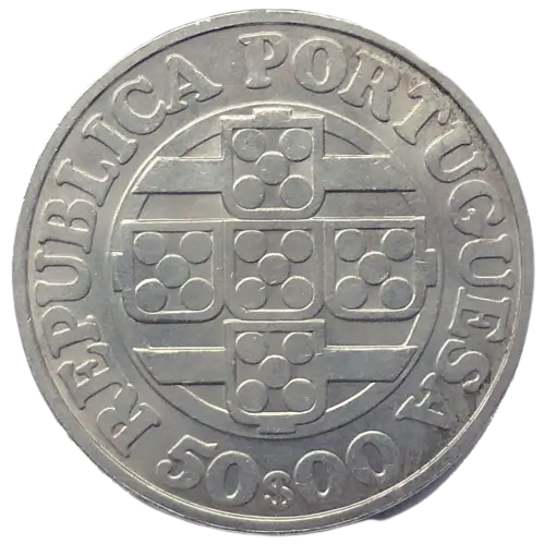 Moeda de prata 50 escudos portugues 1846 - 1971 - portuga 50 escudos 1971 - anverso brasao