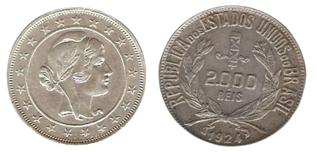 moeda de prata de 2000 reis 1924 República Dos Estados Unidos Do Brasil - Moedas Raras fv